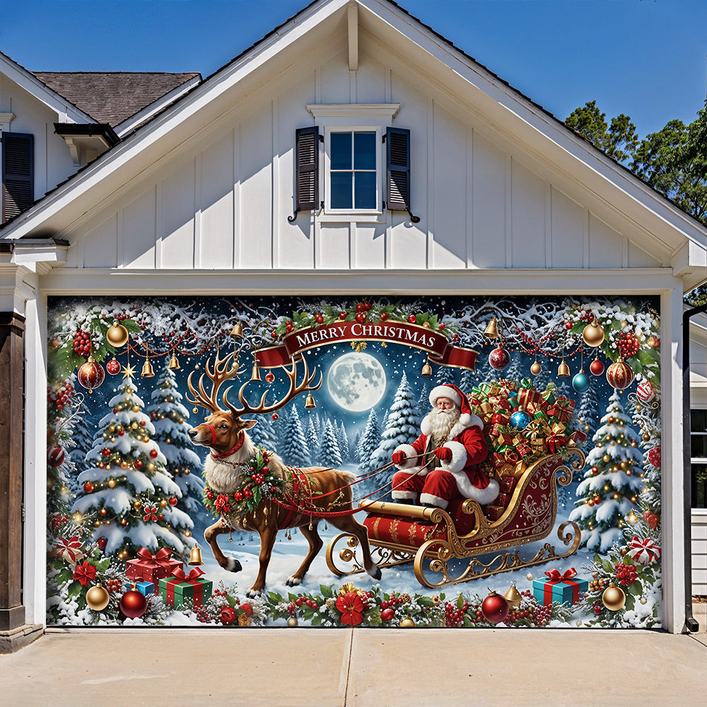 Lorva Christmas Garage Door Banner Decoration Santa’s Sleigh Ride Spreading Cheer on a Winter’s Eve