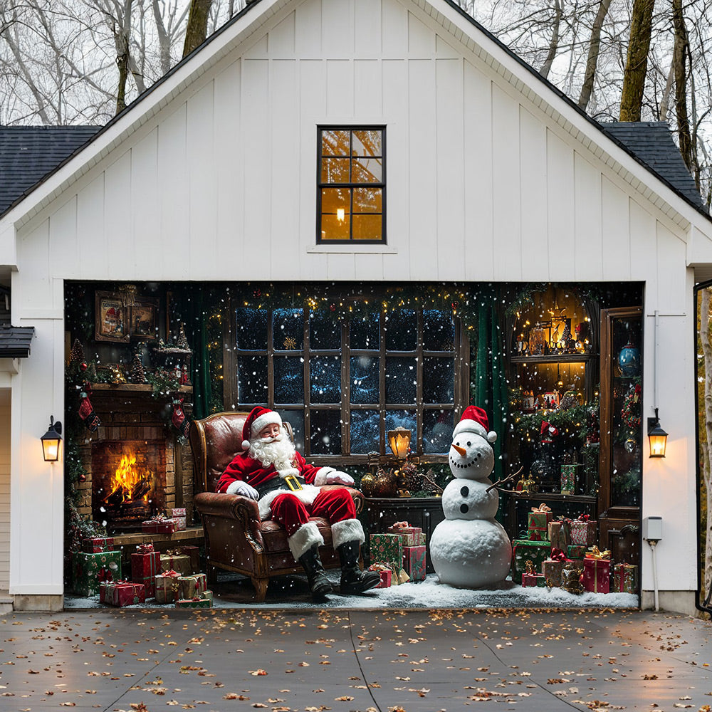Lorva Christmas Garage Door Banner Decoration Fireside Santa & Snowman Holiday