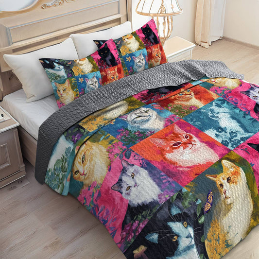 Lorva All Season Quilt 3-Piece Set Colorful Flowers Cats