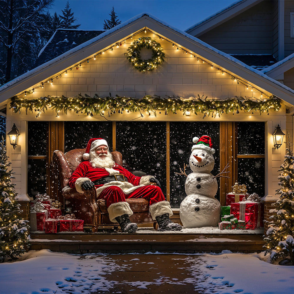 Lorva Christmas Garage Door Banner Decoration Santa & Snowman Holiday At Night