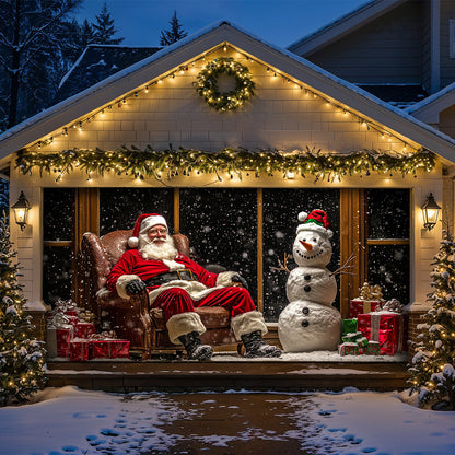Lorva Christmas Garage Door Banner Decoration Santa & Snowman Holiday At Night