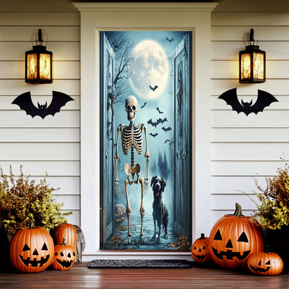 Lorva Halloween Door Cover Midnight Skeleton & Ghost Dog