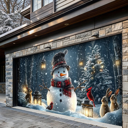 Lorva Christmas Garage Door Banner Decoration Snowman and Forest Companions in a Lantern Lit Winter Scene