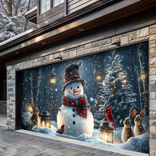 Lorva Christmas Garage Door Banner Decoration Snowman and Forest Companions in a Lantern Lit Winter Scene