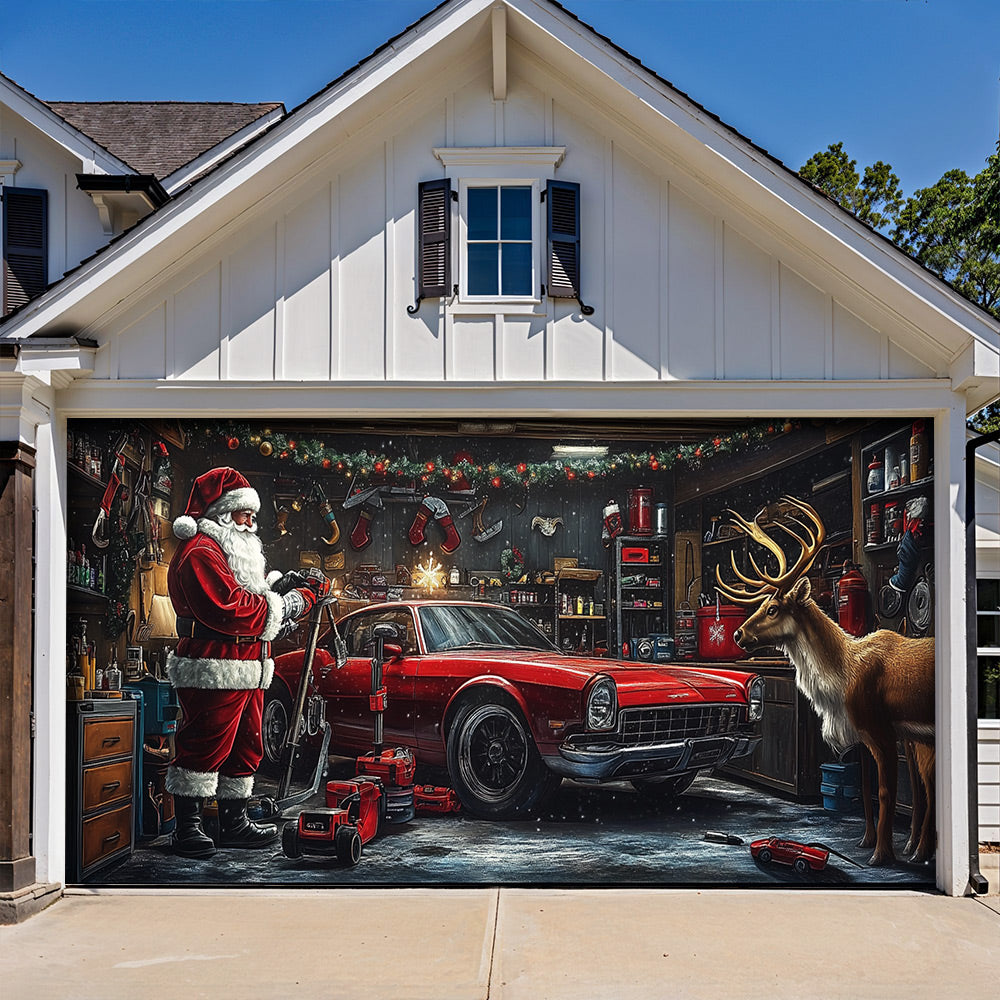 Lorva Christmas Garage Door Banner Decoration Reindeer At The Repair Shop
