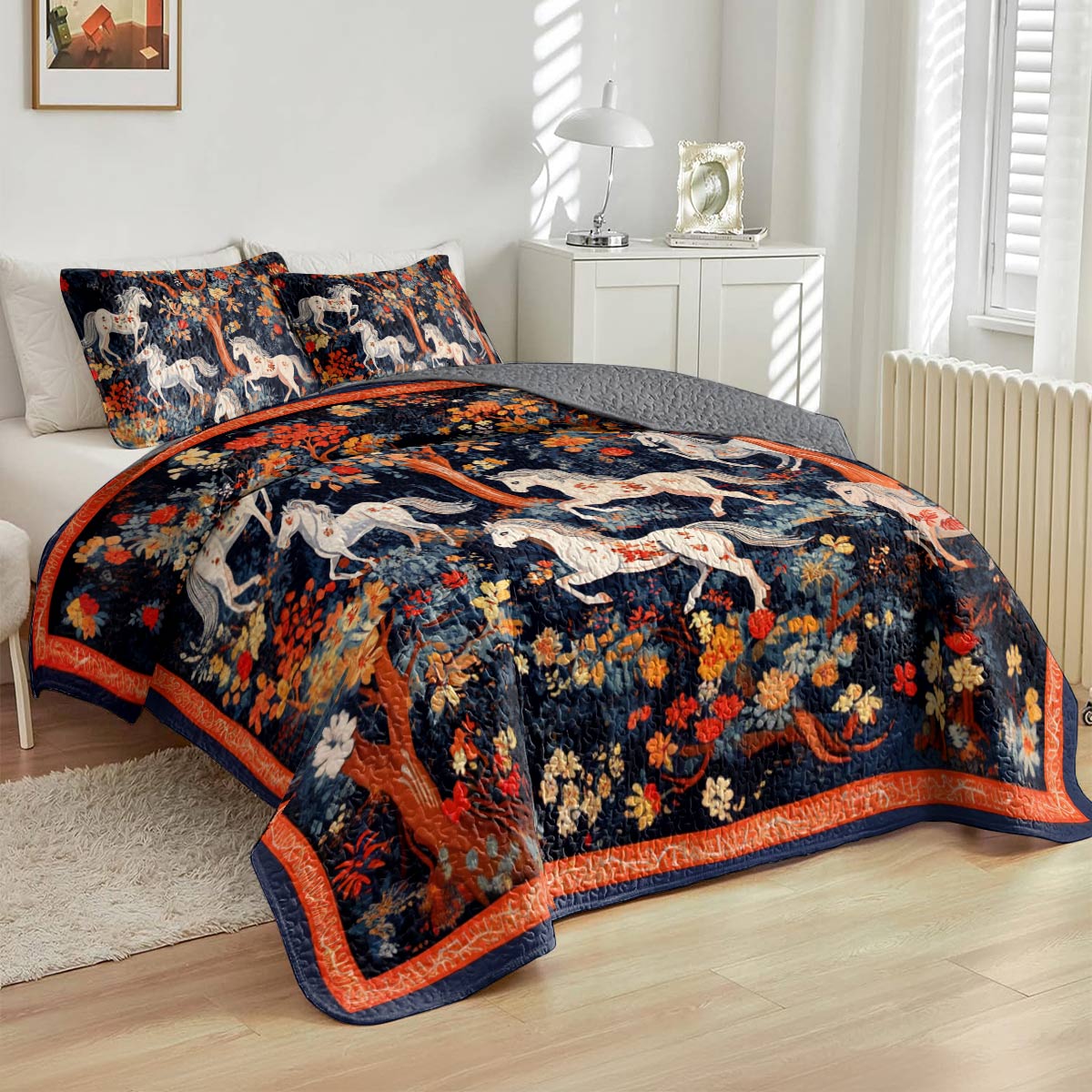 Lorva Horse All Season Quilt 3-Piece Set Beauty Flower Forest