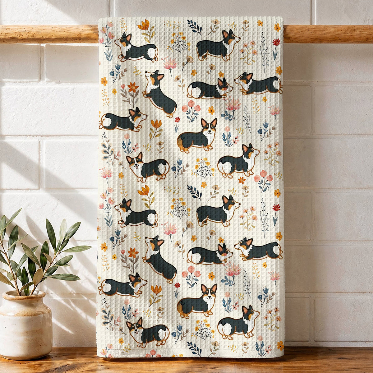 Lorva Corgi Kitchen Towel Joyful Field Flower