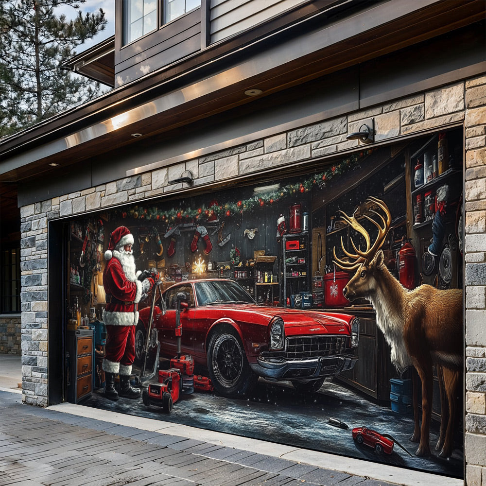 Lorva Christmas Garage Door Banner Decoration Reindeer At The Repair Shop