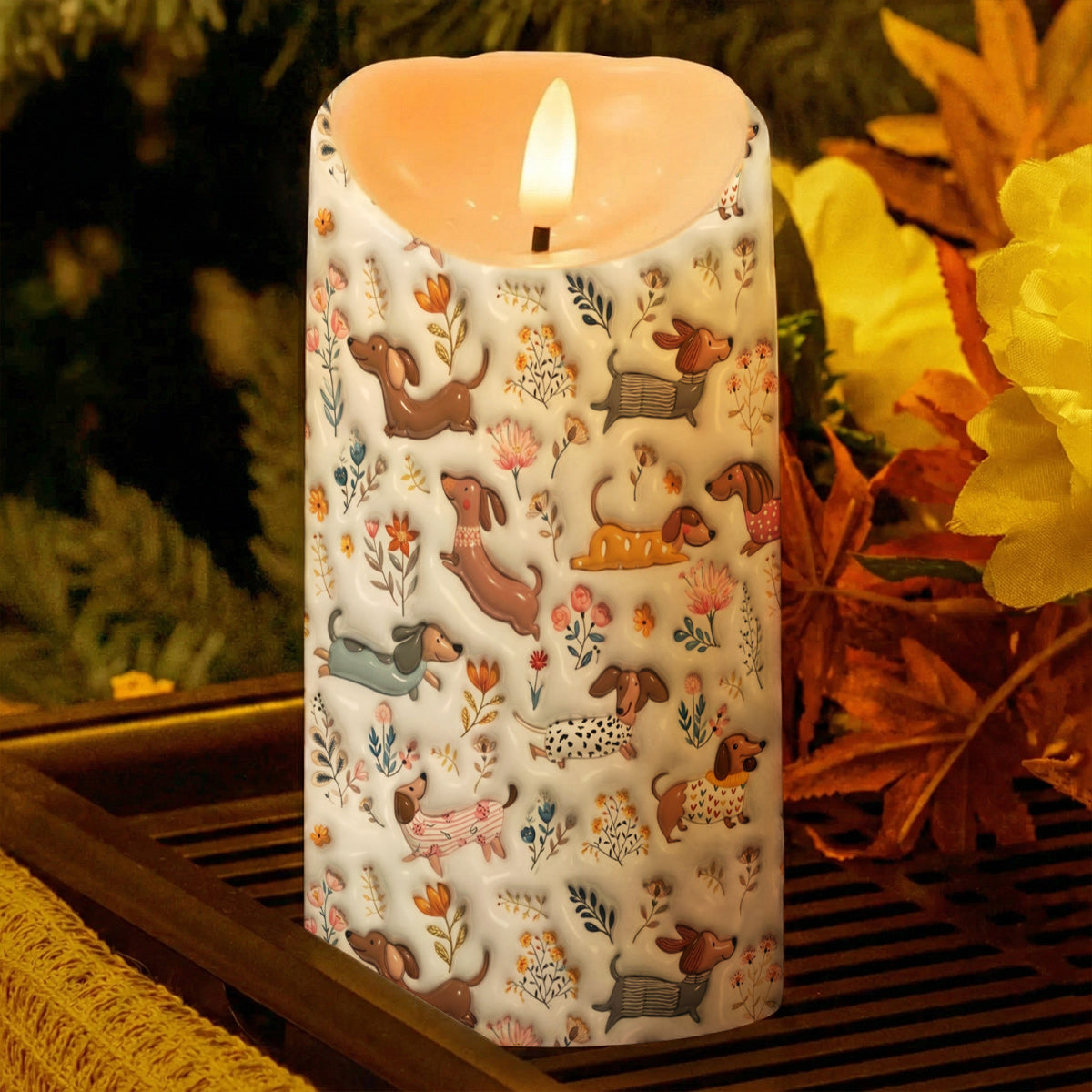 Lorva Dachshund LED Candle Happy Field Flowers