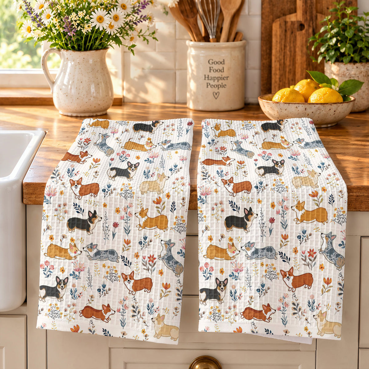 Lorva Corgi Kitchen Towel Happy Field Flowers