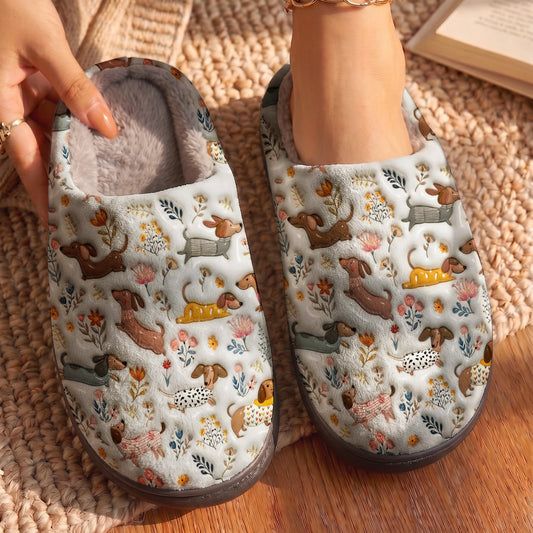 Lorva Dachshund Fleece Lined Slippers Happy Field Flowers