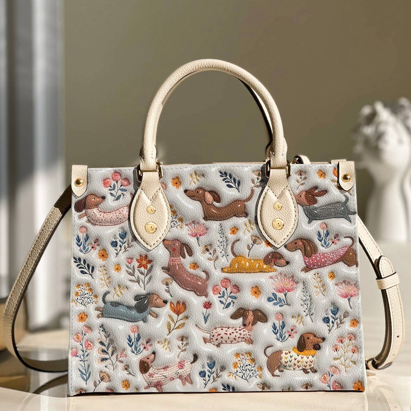 Lorva Dachshund Leather Bag Happy Field Flowers