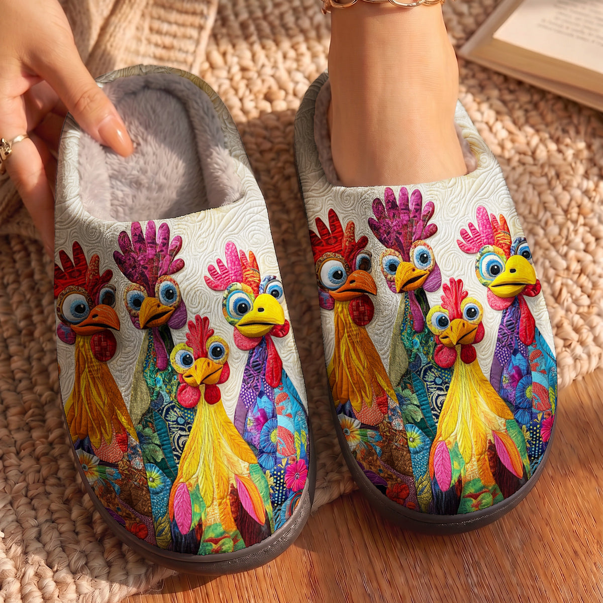 Lorva Chicken Fleece Lined Slippers Whimsical Floral Chickens
