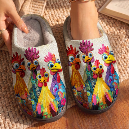 Lorva Chicken Fleece Lined Slippers Whimsical Floral Chickens
