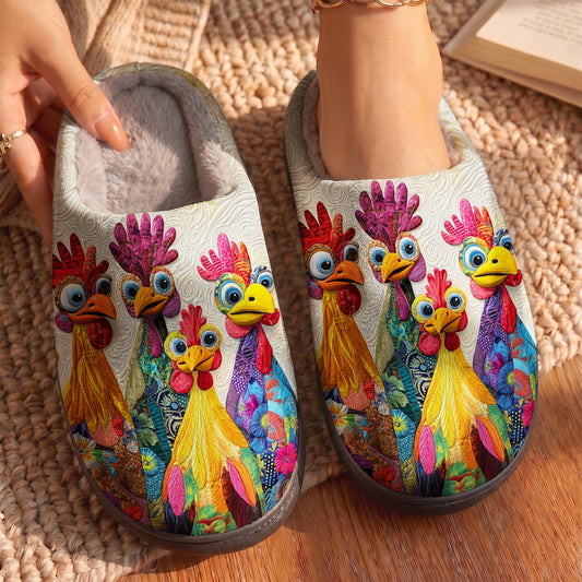 Lorva Chicken Fleece Lined Slippers Whimsical Floral Chickens