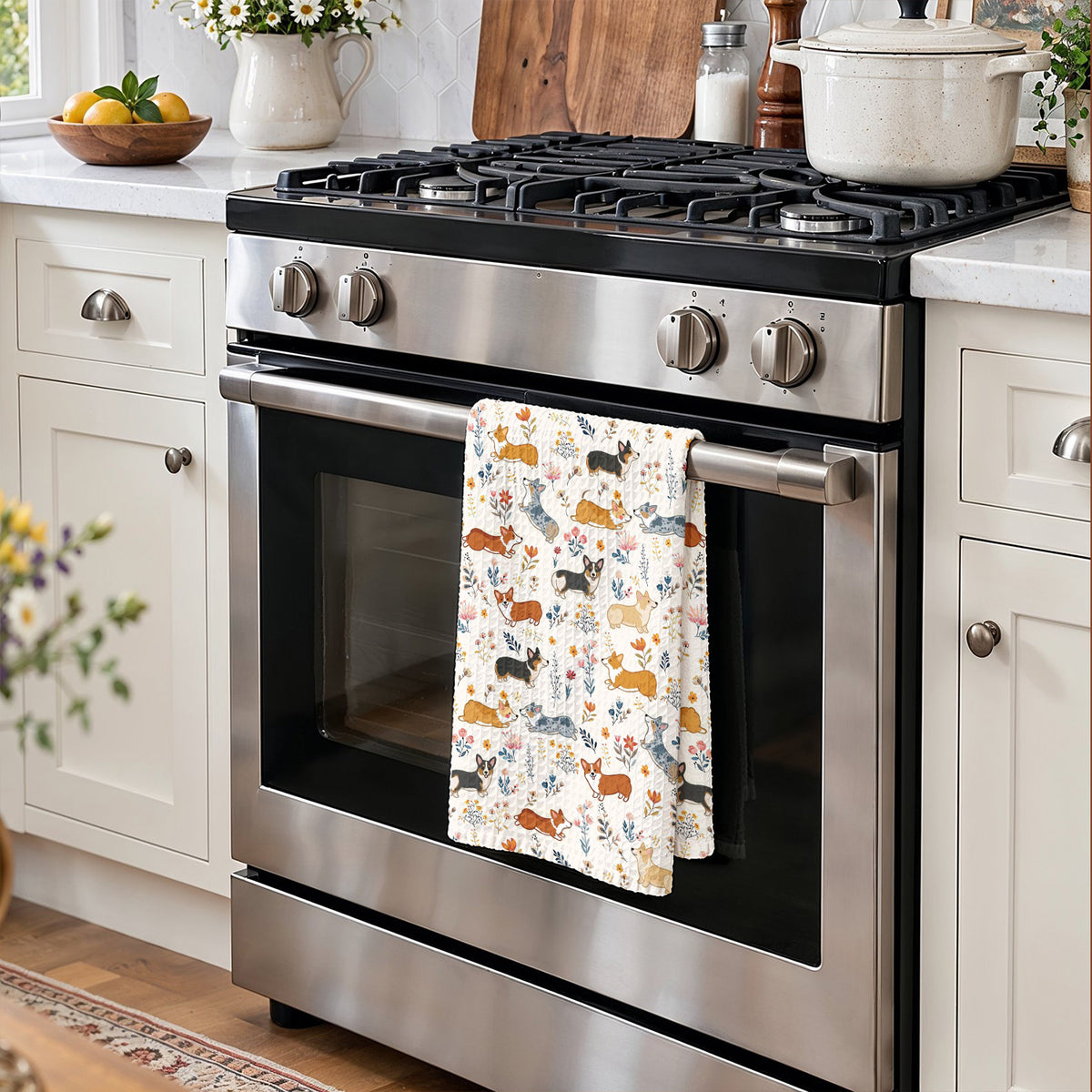 Lorva Corgi Kitchen Towel Happy Field Flowers