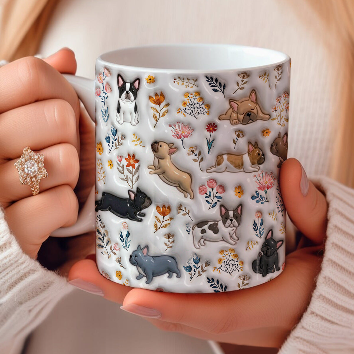 Lorva French Bulldog Flat Print Mug Cute Field Floral
