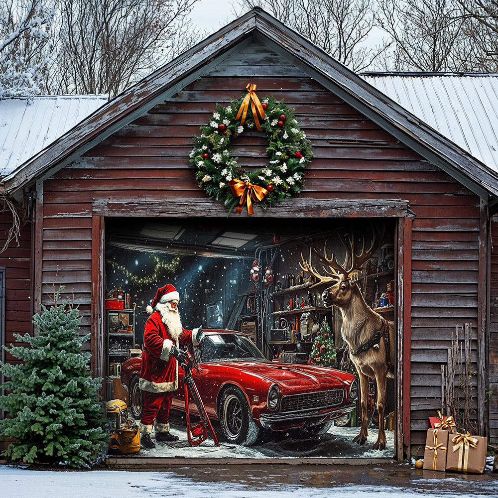 Lorva Christmas Garage Door Banner Decoration Santa's Merry Motorworks