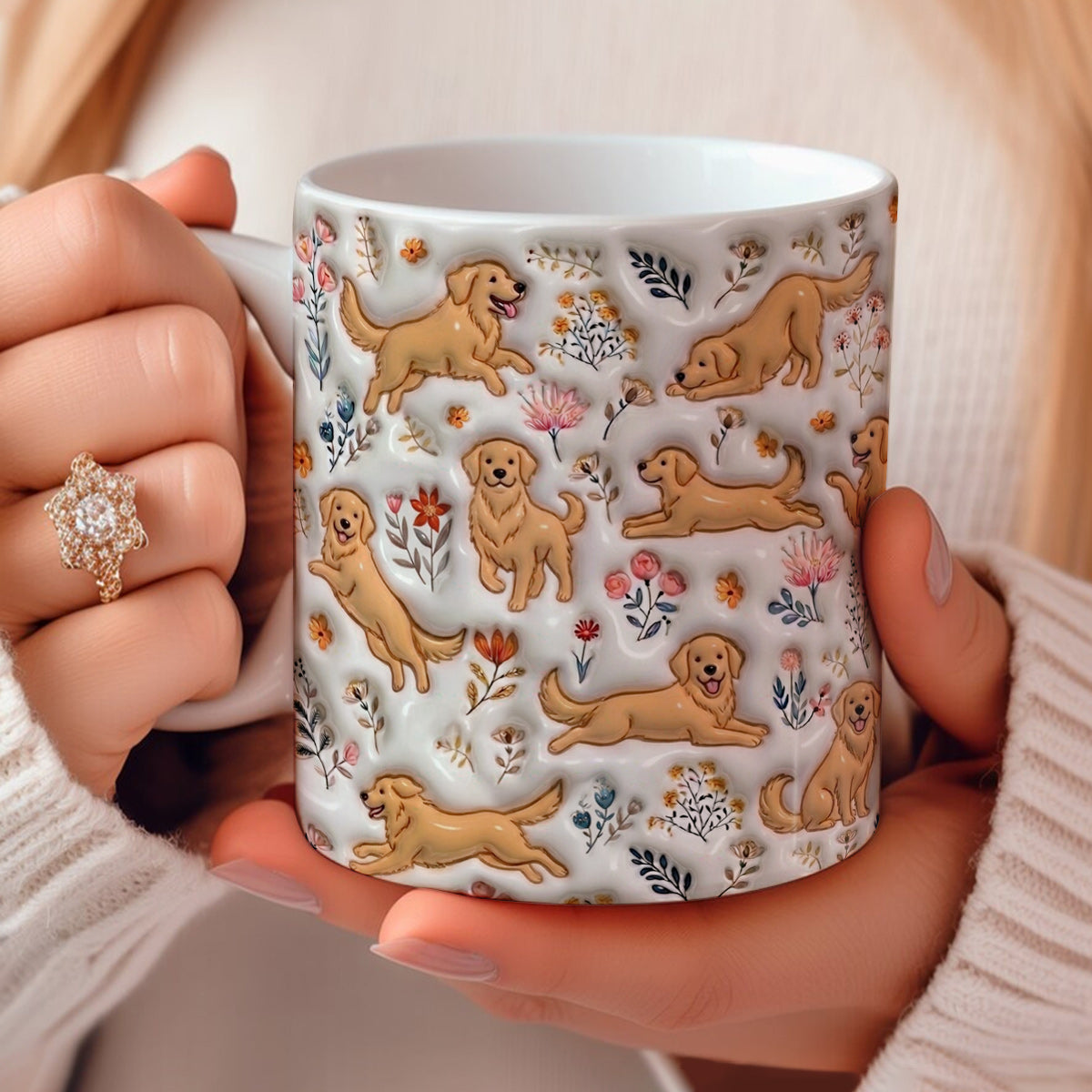 Lorva Golden Retriever Flat Print Mug Happy Field Flowers