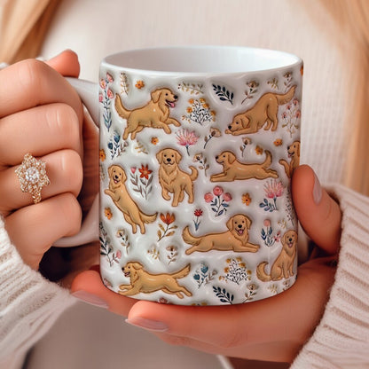 Lorva Golden Retriever Flat Print Mug Happy Field Flowers