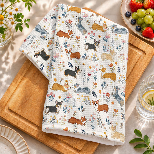 Lorva Corgi Kitchen Towel Happy Field Flowers