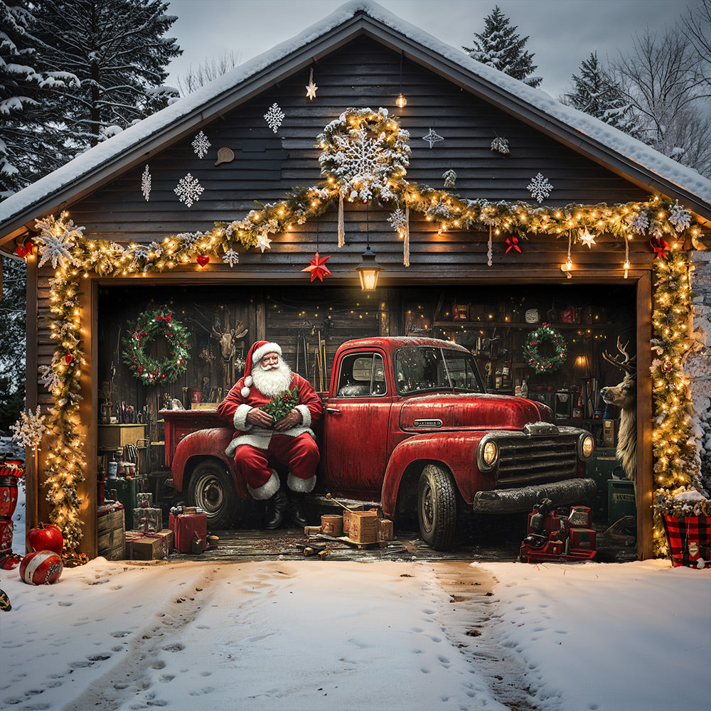 Lorva Christmas Garage Door Banner Decoration Rustic Santa Workshop & Red Truck Holiday