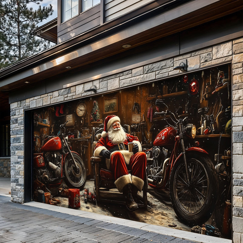 Lorva Christmas Garage Door Banner Decoration Santa’s Christmas Motorcycle Garage