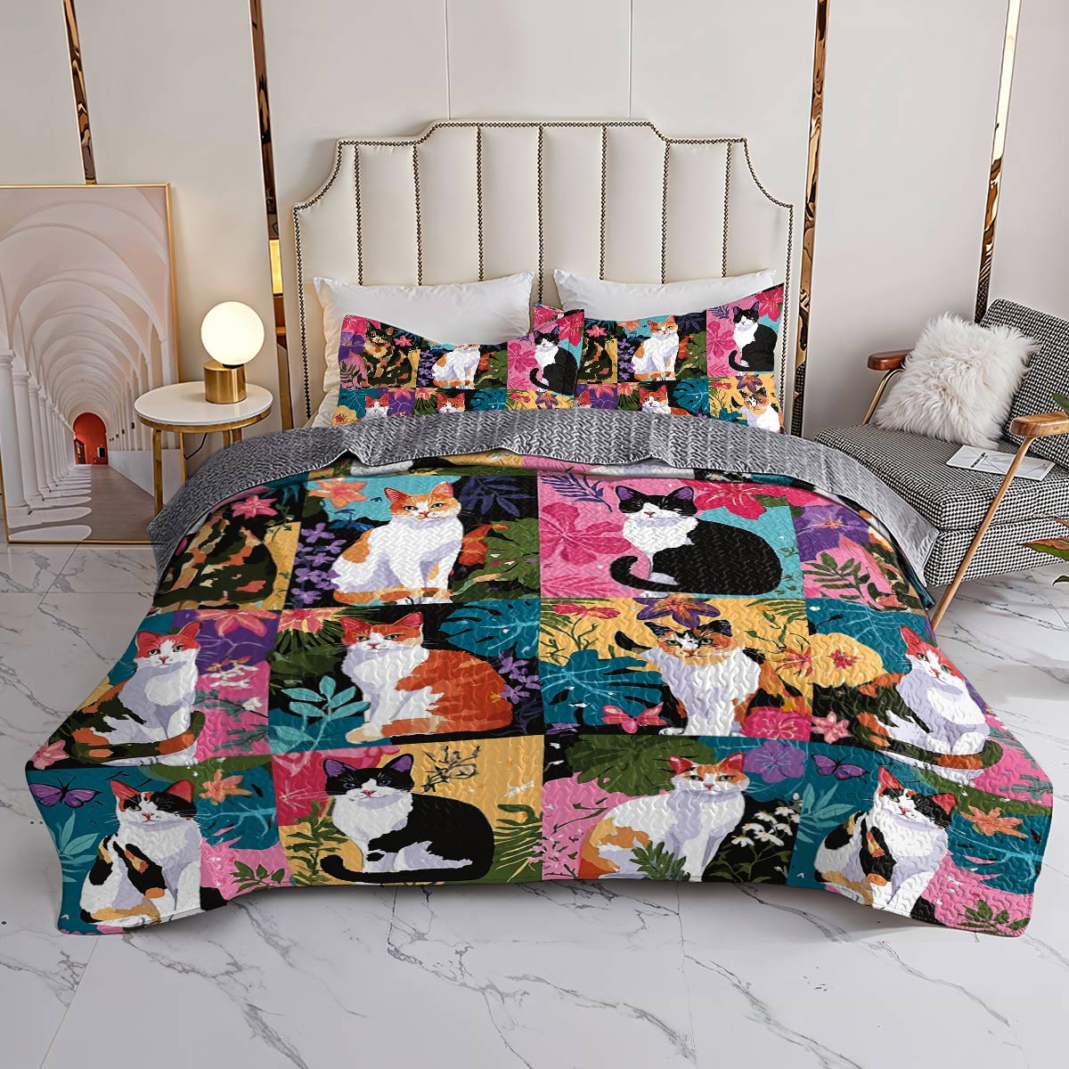 Lorva All Season Quilt 3-Piece Set Tropical Cat Garden