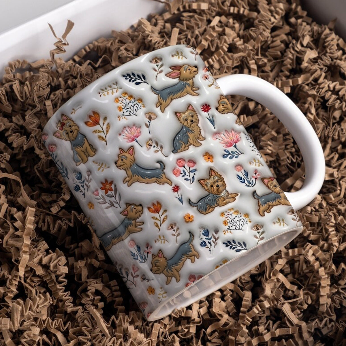 Lorva Yorkie Flat Print Mug Happy Field Flowers