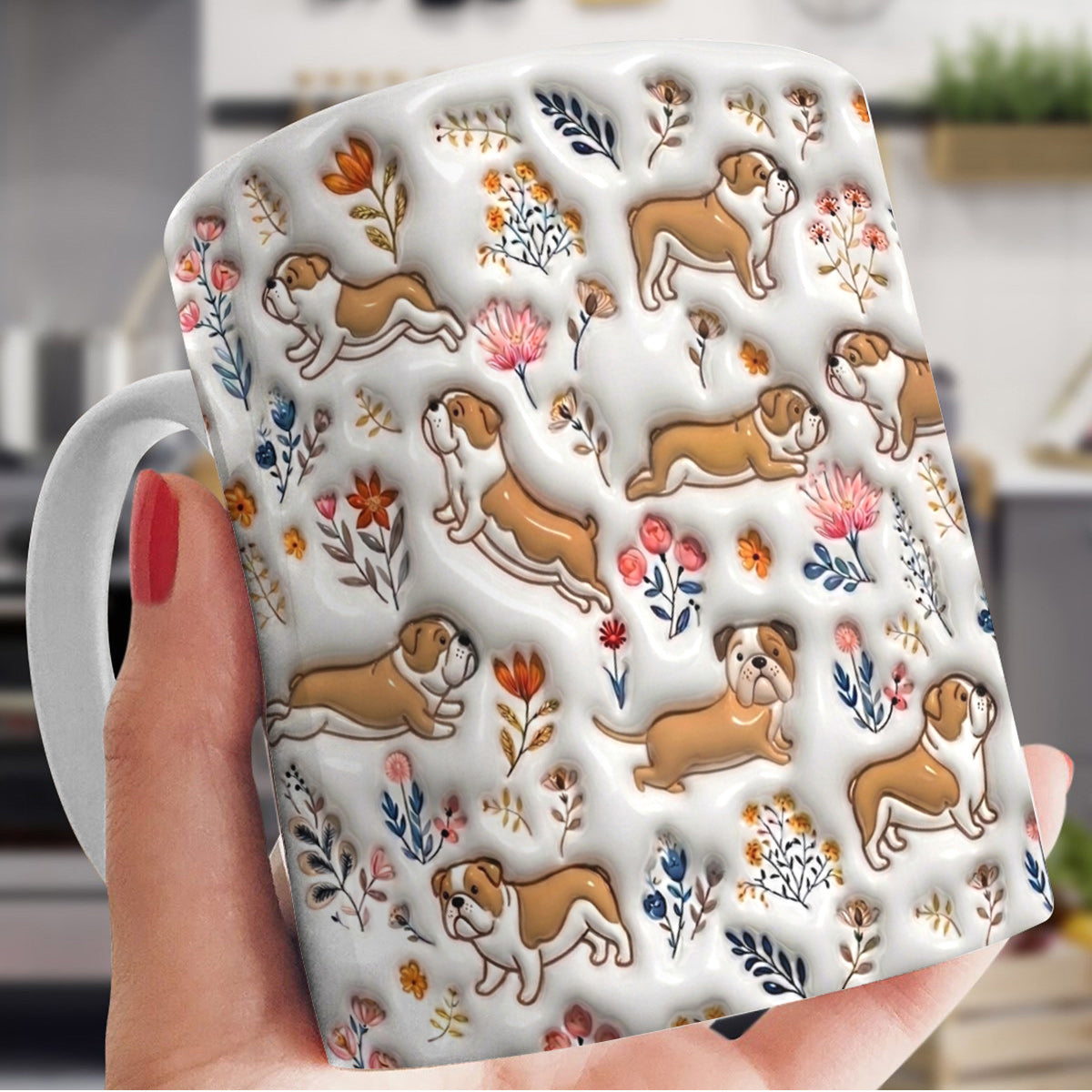 Lorva English Bulldog Flat Print Mug Happy Field Flowers