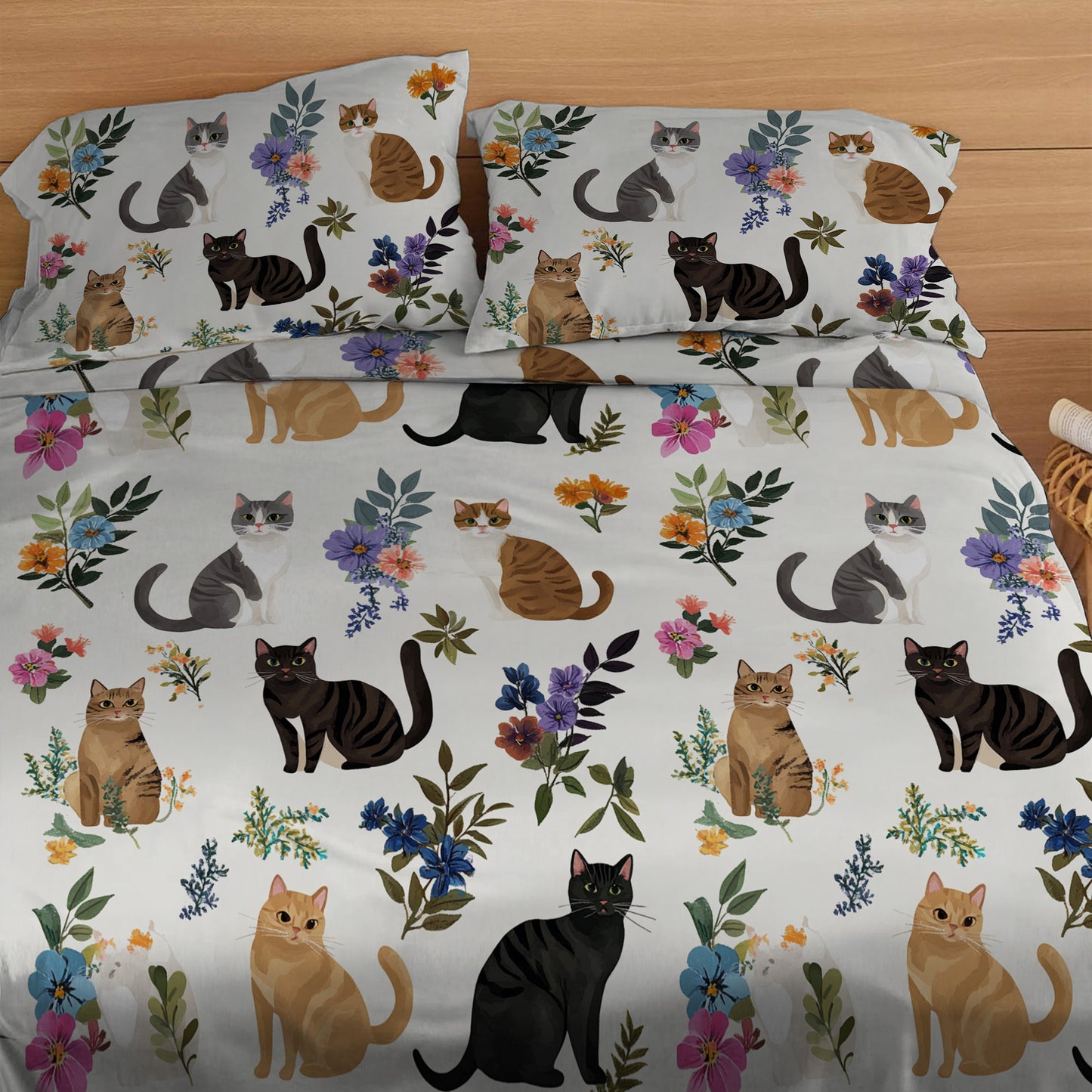 Lorva 4-Piece Bed Sheet Set Cute Floral Cats