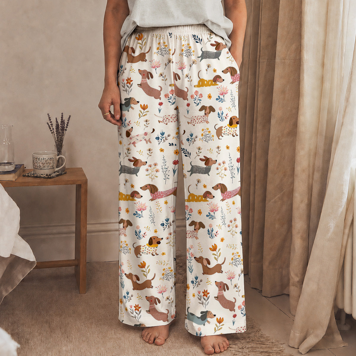 Lorva Dachshund Lounge Pants Happy Field Flowers