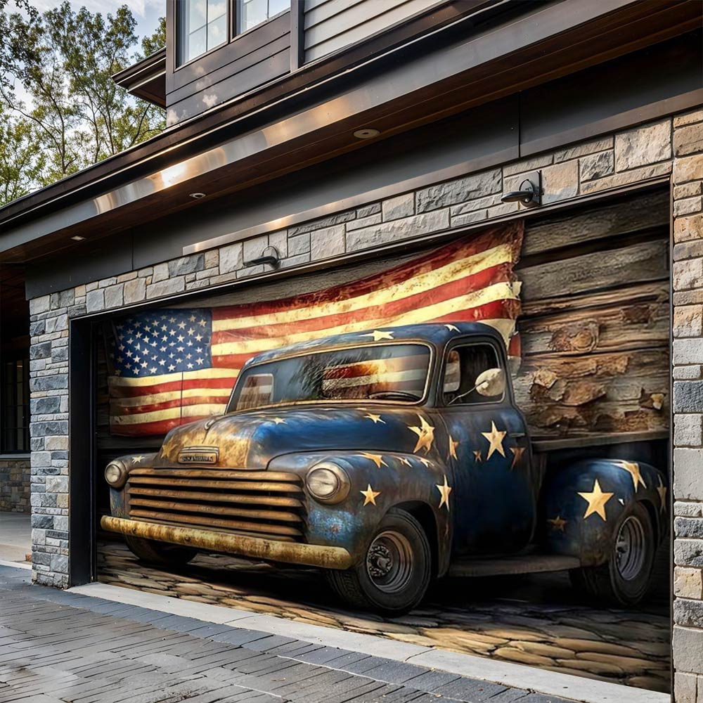 Lorva Patriotic Garage Door Banner Decoration Rustic Truck