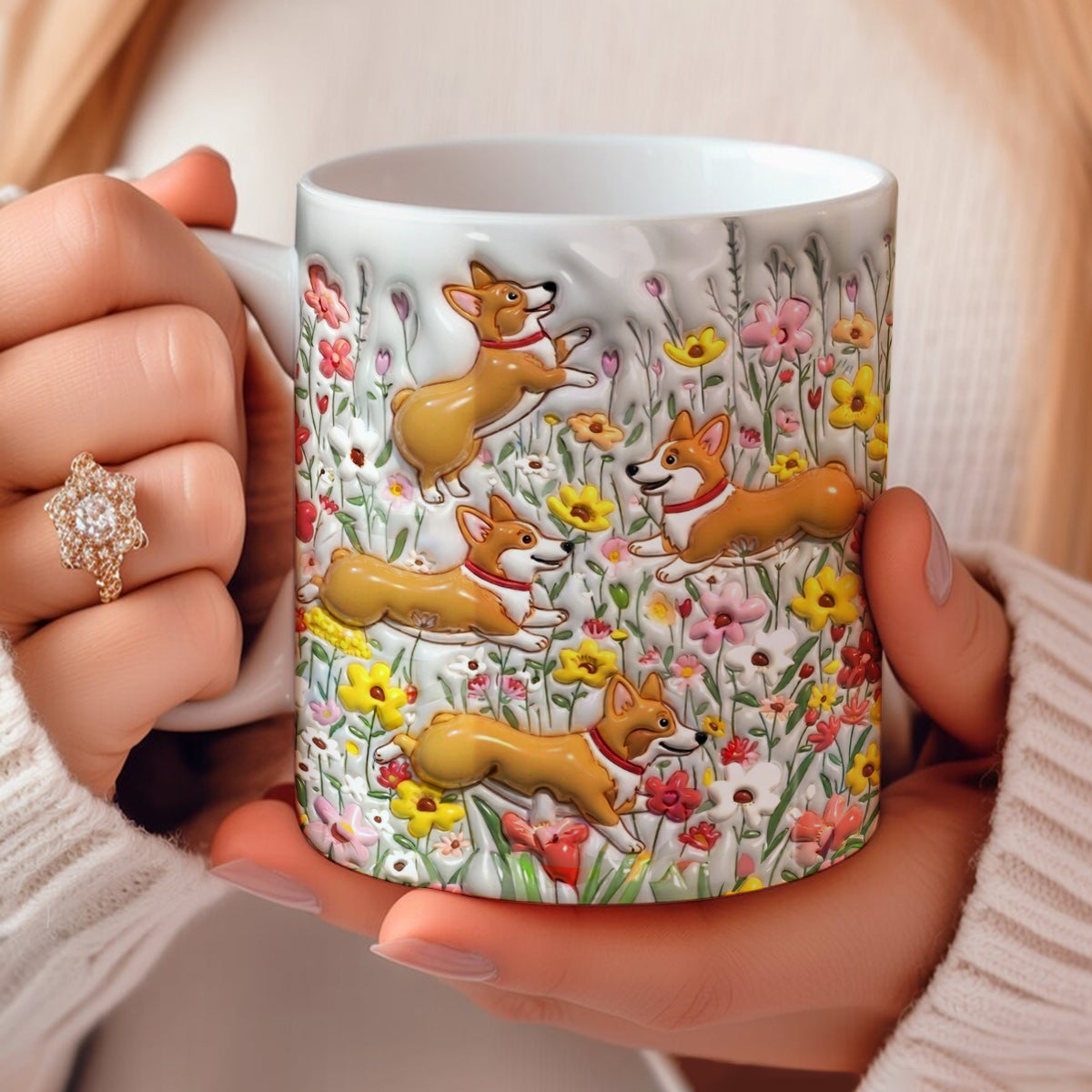 Lorva  Flat Print Mug Puffy Cute Corgi In Flower Garden