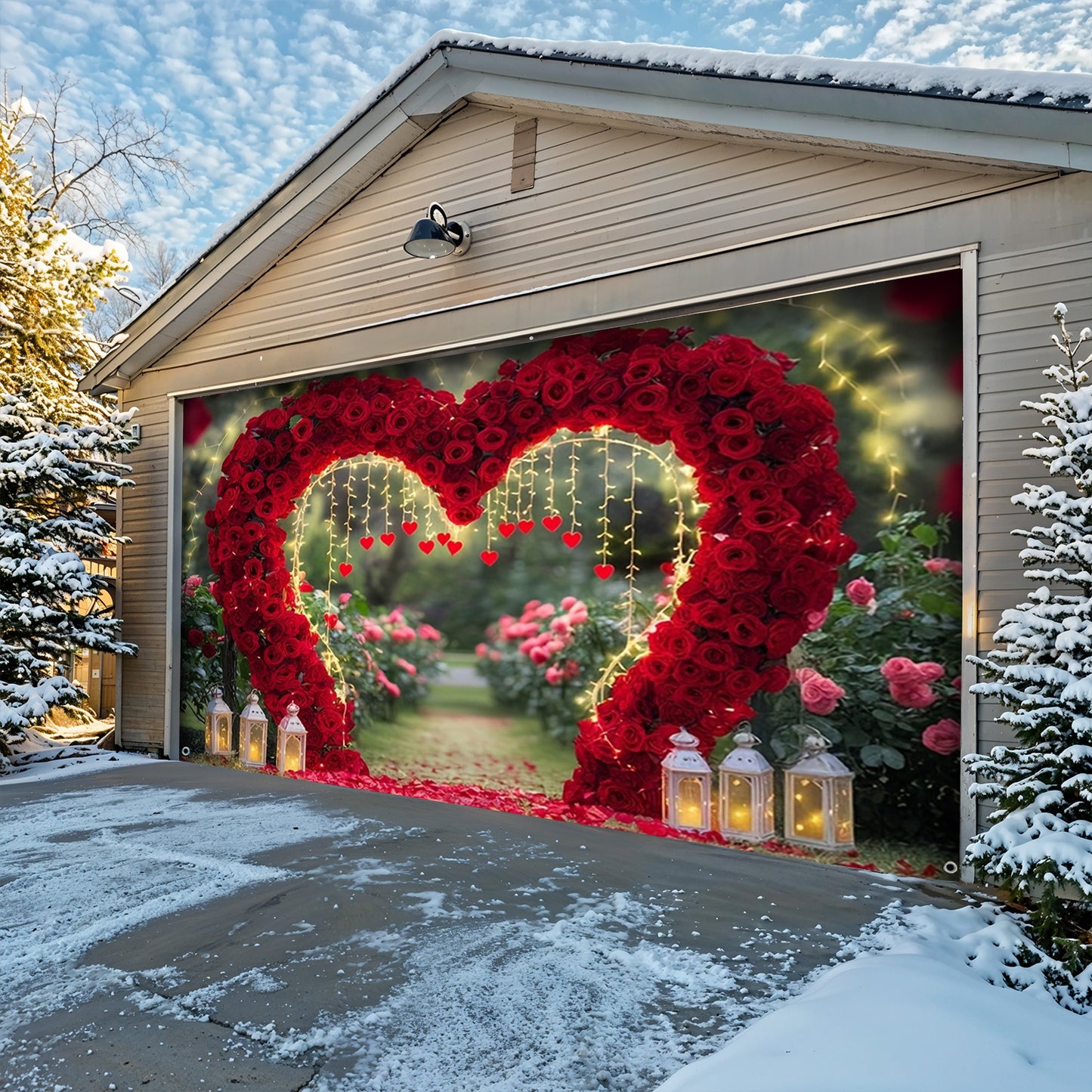 Lorva Garage Door Banner Decoration Love Heart Rose Pathway