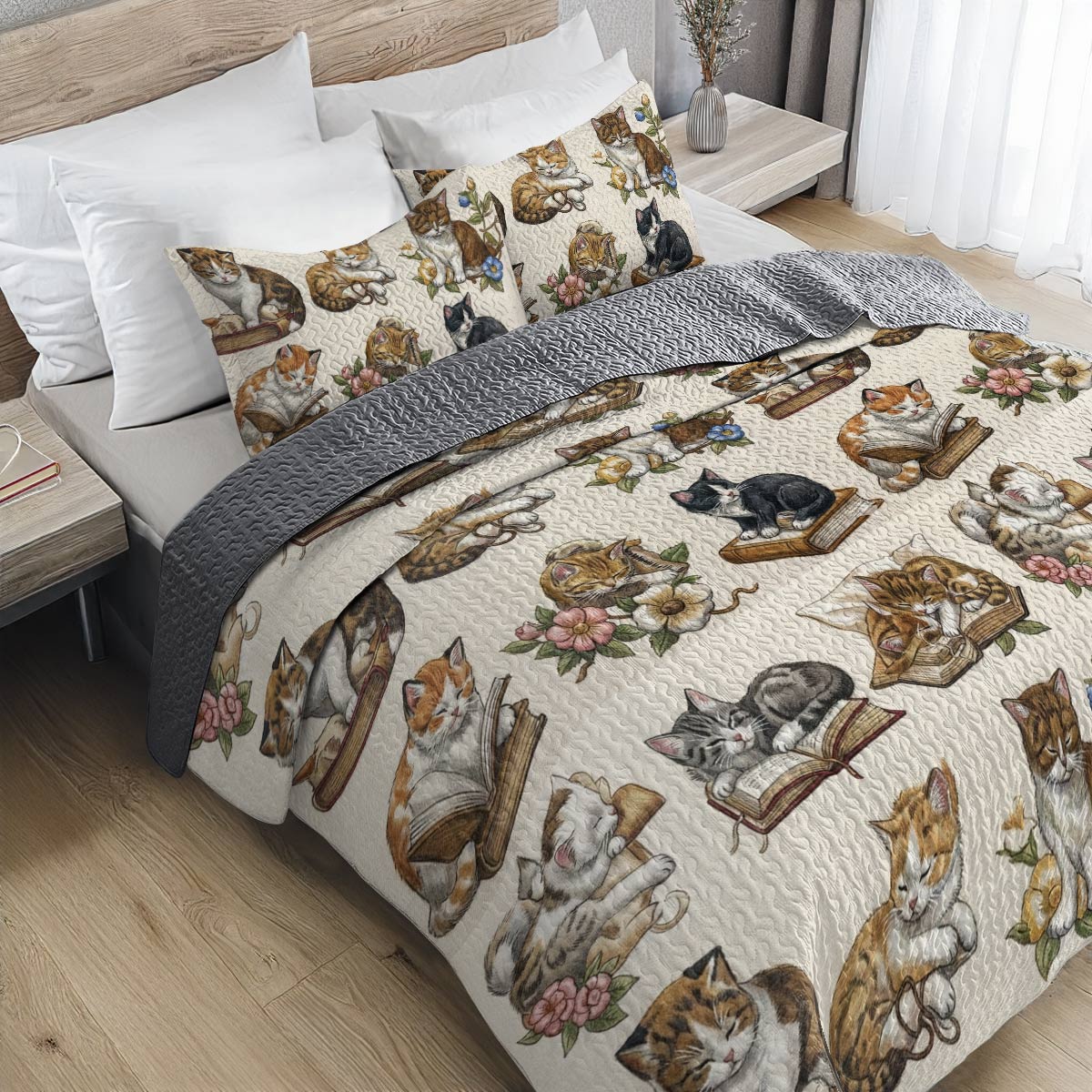 Cat Book Lorva All Season Quilt 3-Piece Set Charming Floral Autumn