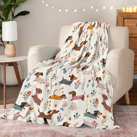 Lorva Dachshund Fleece Blanket Happy Field Flowers