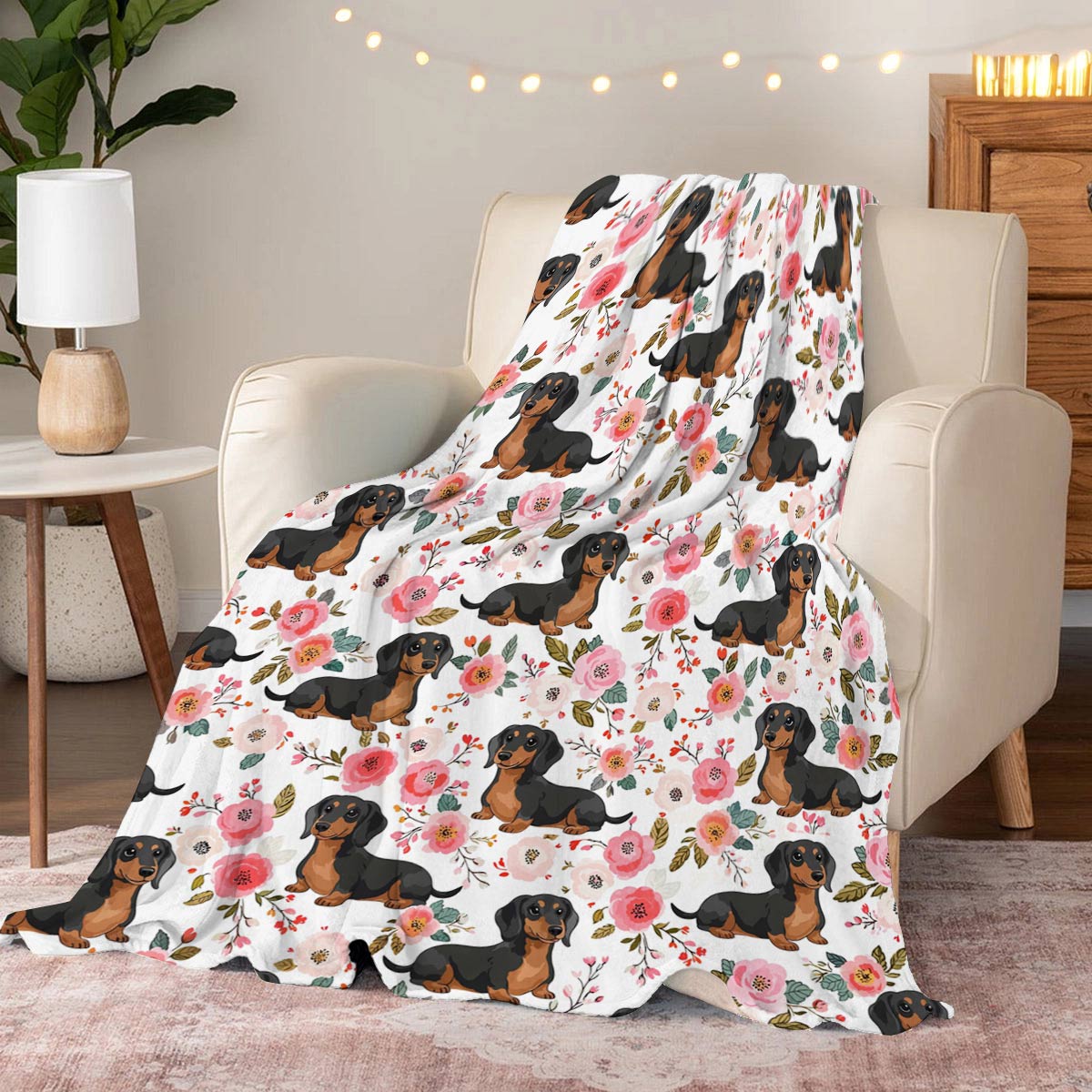 Lorva Dachshund Fleece Blanket Charming Rose