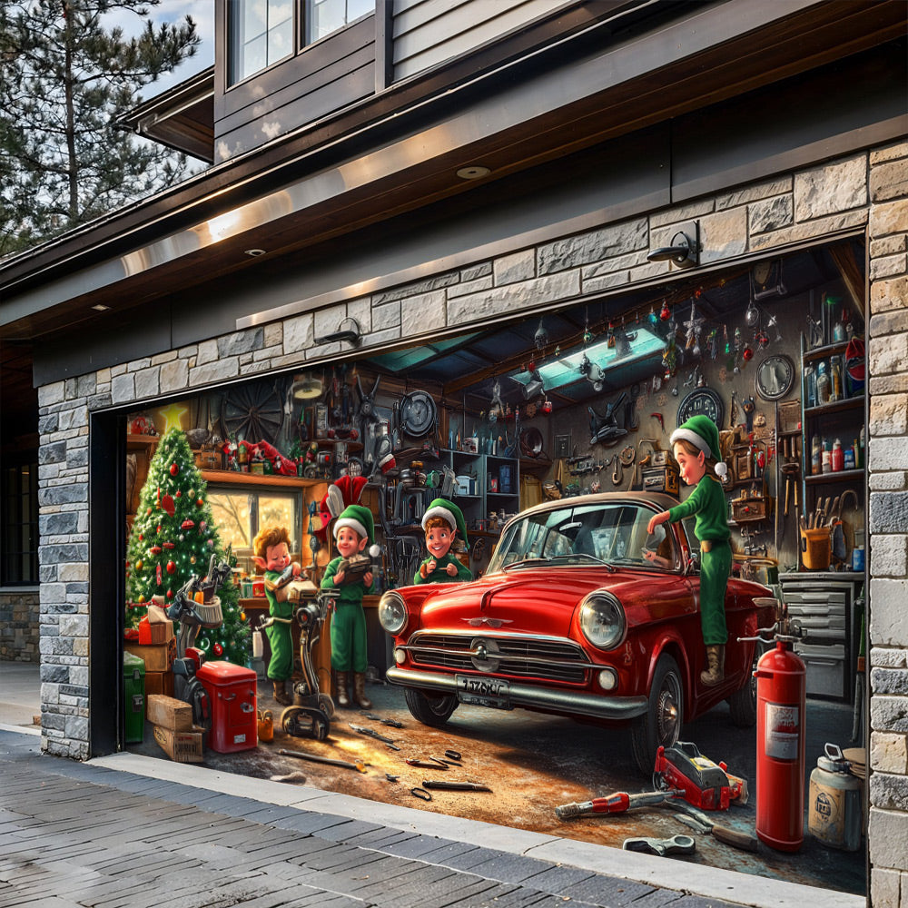 Lorva Garage Door Banner Decoration Christmas Elves Garage Workshop