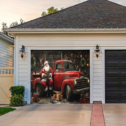 Lorva Christmas Garage Door Banner Decoration Rustic Santa Workshop & Red Truck Holiday