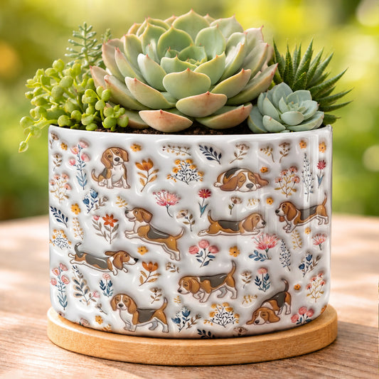 Lorva Beagle Flat Print Ceramic Plant Pot Happy Field Flowers