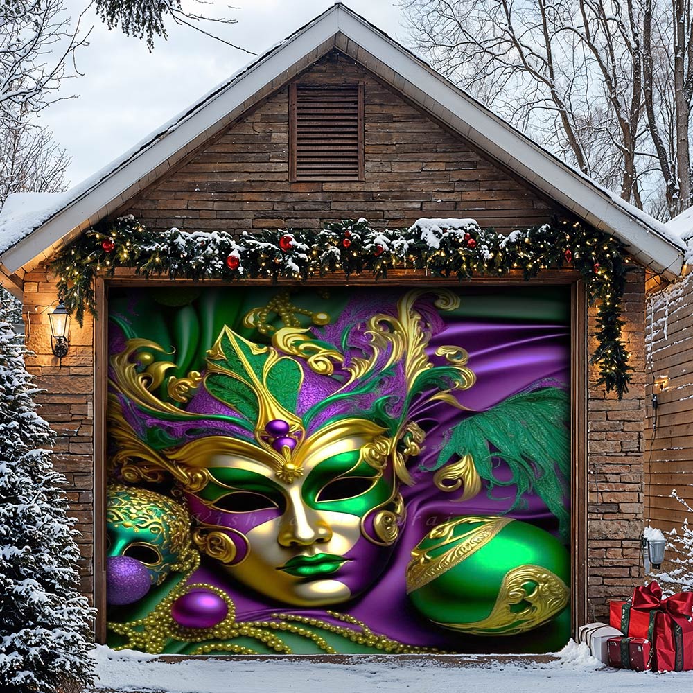 Lorva Mardi Gras Garage Door Banner Decoration Emerald Masquerade