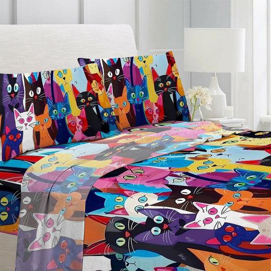 Lorva 4-Piece Bed Sheet Set Colorful Cats