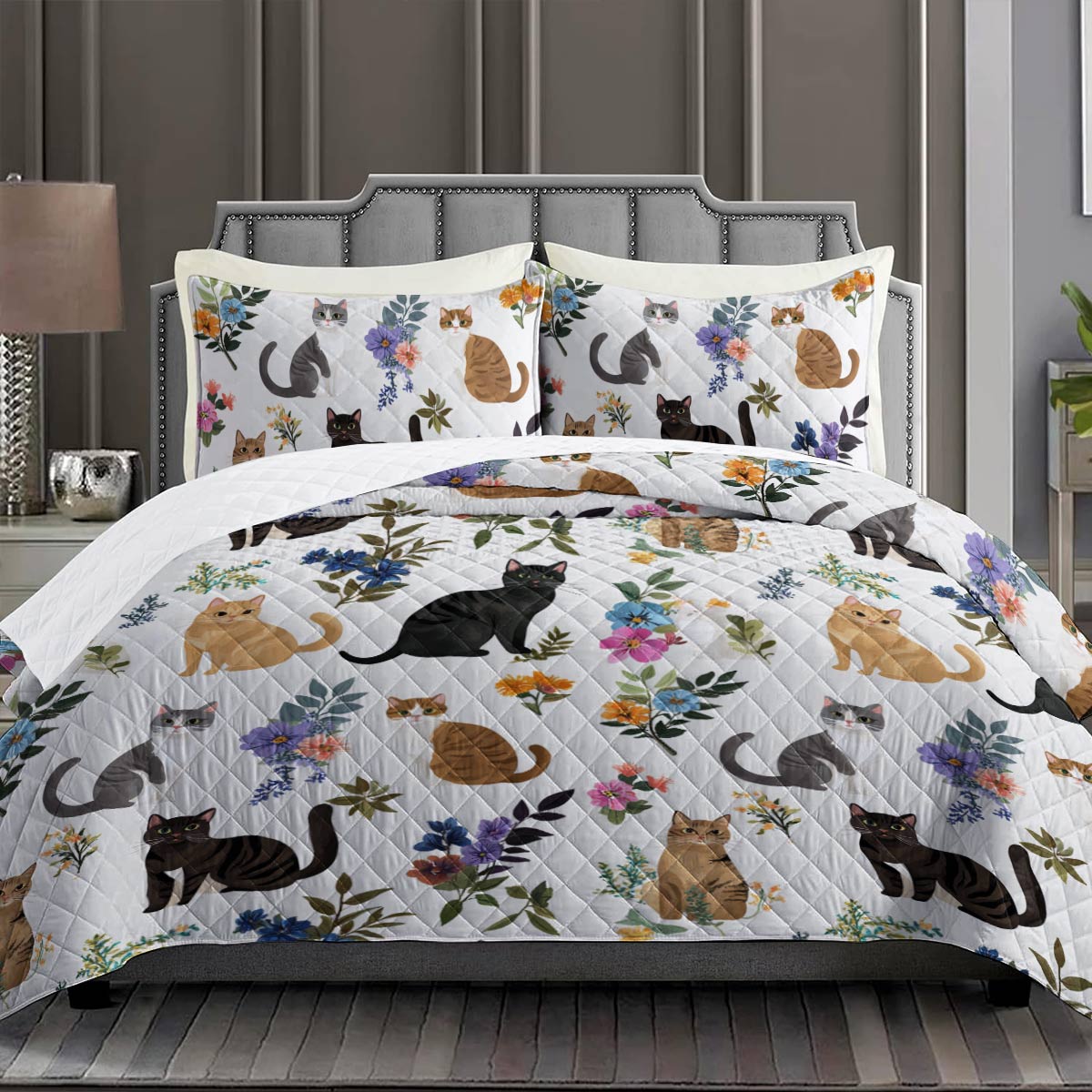 Lorva Quilt Set Cute Floral Cats