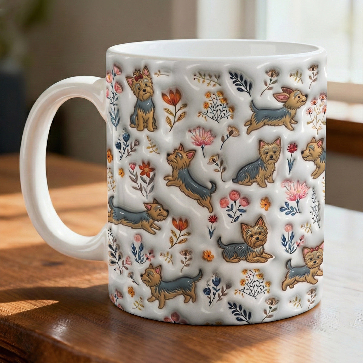 Lorva Yorkie Flat Print Mug Happy Field Flowers