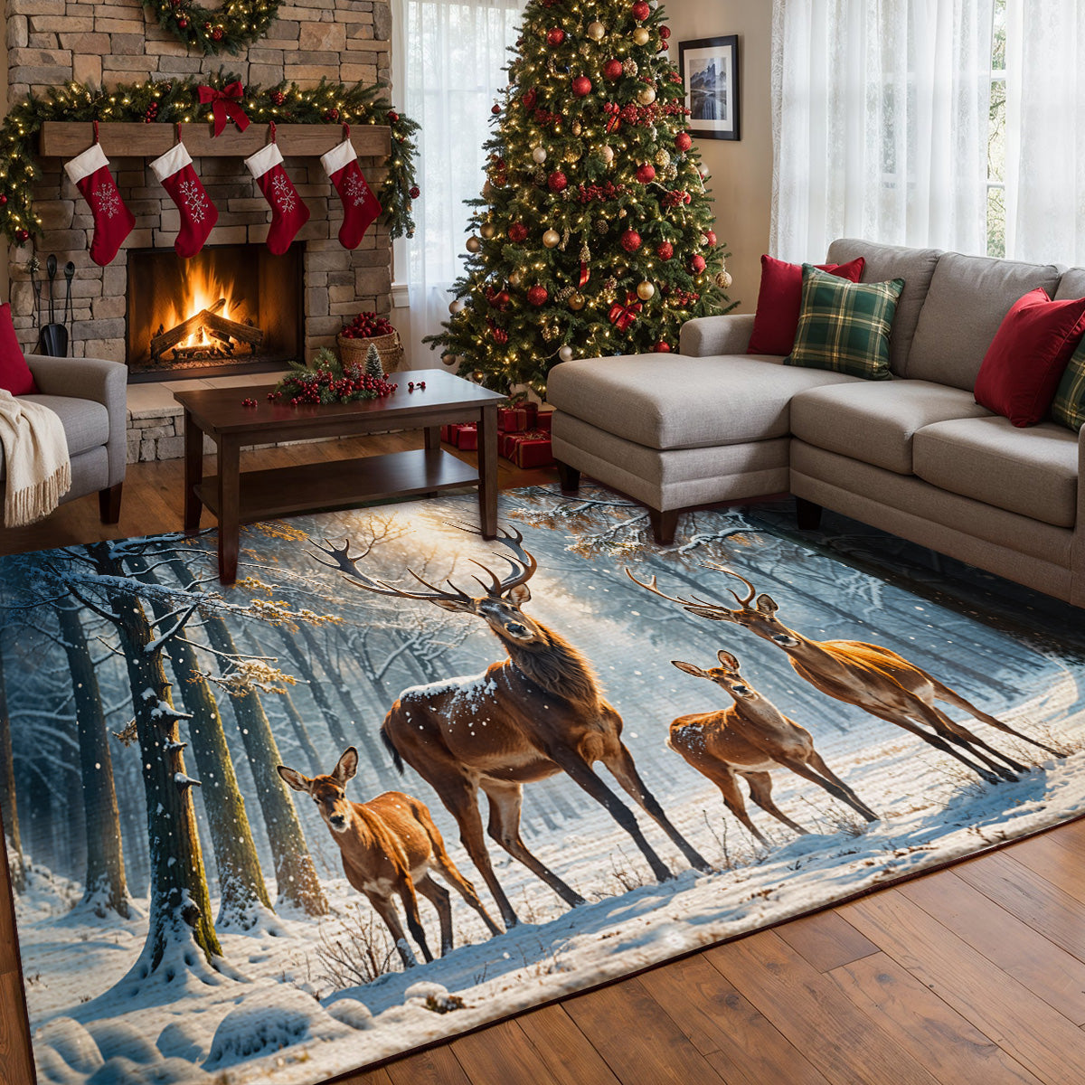Lorva Christmas Area Rug Majestic Reindeer Family In Winter Wonderland