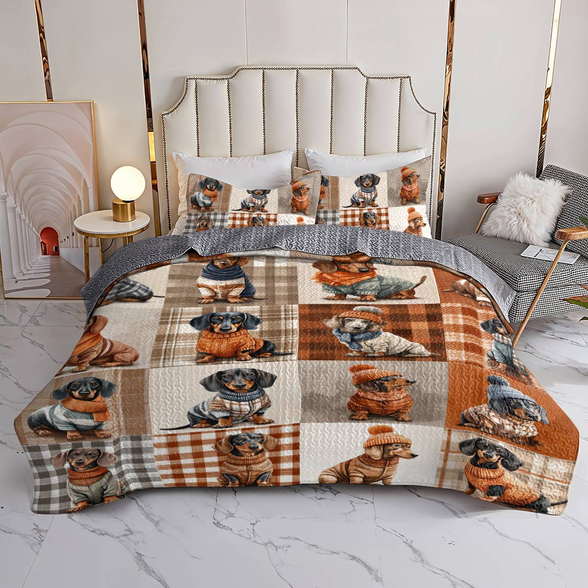 Dachshund Lorva All Season Quilt 3-Piece Set Plaid & Paws