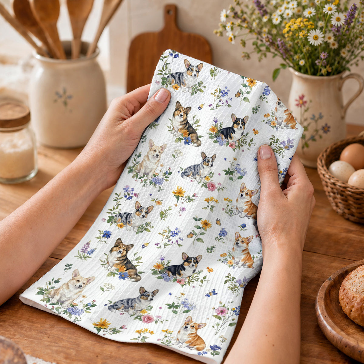 Lorva Corgi Kitchen Towel Sweet Floral