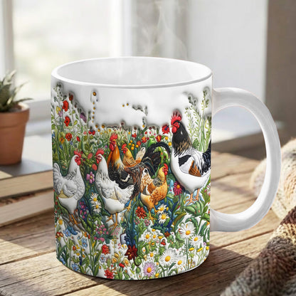 Lorva Chicken Flat Print Mug Happy Field Flowers