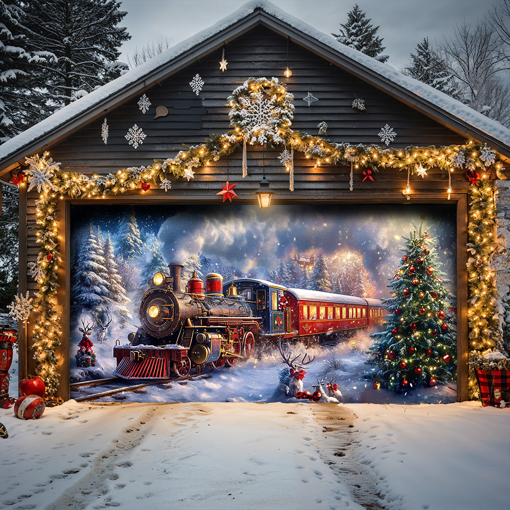 Lorva Christmas Garage Door Banner Decoration Santa’s Snowy Train Adventure